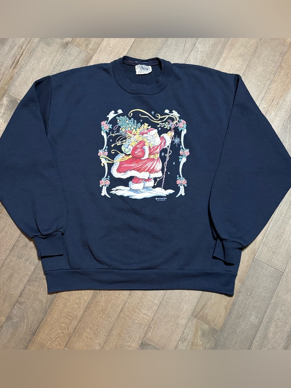 Vintage Morning Sun H Harp Santa Christmas Sweatshirt USA Made M/L Blue